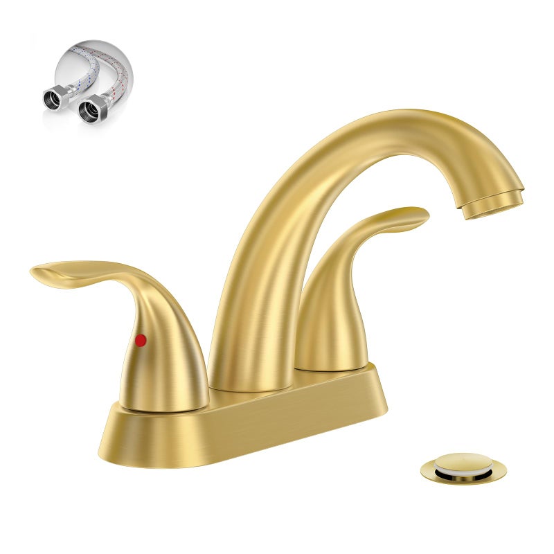 Phiestina Brushed Gold 4 Inch Centerset 2 or 3 Holes 2 Handle Bathroom Faucet, Bathroom Faucet with Copper Pop Up Drain and Water Supply Lines, BF008-5-BG - Image 1